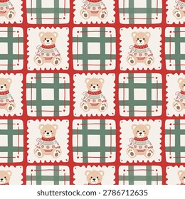 Christmas teddy bear vector seamless plaid tartan repeat pattern for blankets.