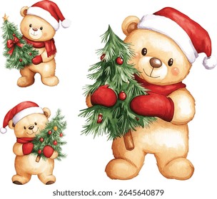 Christmas Teddy Bear Watercolor  vector illustration