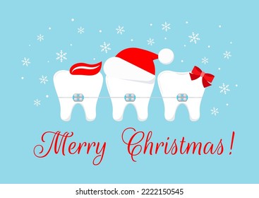 Christmas teeth in braces with xmas accessories on dentist greeting card. White xmas winter tooth in brackets in santa hat with paste and bow. Flat design cartoon vector illustration. 