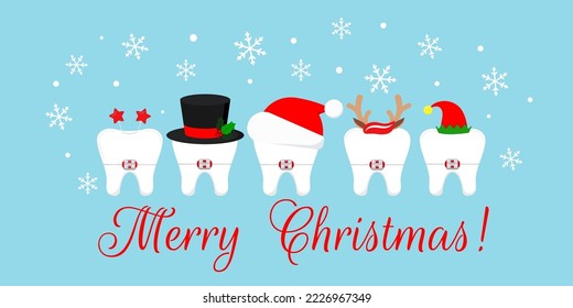 Christmas teeth in braces with xmas accessories on dentist greeting card. Cute xmas winter tooth in brackets in santa hat elf cap deer horns and snowman cylinder. Flat cartoon vector illustration.