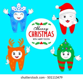 Christmas teeth character concept.  snowflake, Santa, deer and Christmas tree. Illustration isolated on blue background.