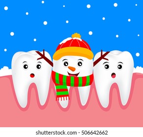 Christmas teeth character concept.  Tooth on snowman costume. Illustration