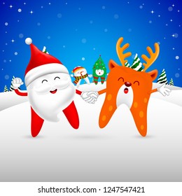 Christmas Teeth Characters design, Santa Claus dance with Reindeer. Merry Christmas and Happy new year concept. Illustration isolated on blue background.