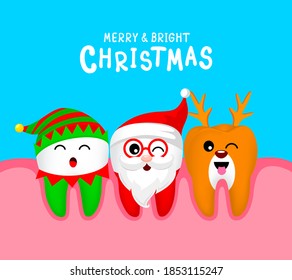 Christmas Teeth Characters design, Santa Claus, little elf and Reindeer. Merry and bright Christmas concept. Illustration on blue background.