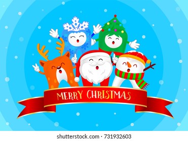 Christmas Teeth Characters, Santa Claus, Snowman, Tree and Reindeer. Merry Christmas and Happy new year concept. Xmas elements design, illustration. Isolated on blue  background.