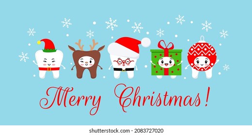 Christmas teeth in xmas carnival costume on dentist greeting card. Cute white winter teeth emoji santa claus, deer, elf, gift and ornament. Flat design cartoon christmas banner vector illustration. 