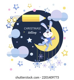 Christmas telling. Cute Rabbit sits on the moon. Emblem. Design card, poster with funny character. Rabbit symbol of 2023 according to the Chinese calendar. Vector illustration