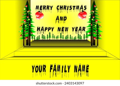 Christmas template background border with fir branches, ball and stars. Bright Christmas and New Year red yellow design holiday frame. Vector illustration