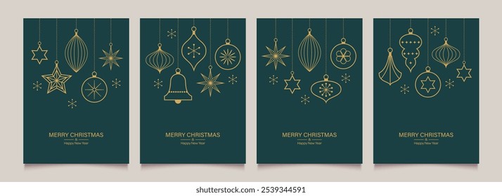 Fundo de modelo de Natal com elementos e ícones minimalistas geométricos dourados. Cartões de saudação na moda definidos com decorações de árvore vintage em design plano simples. Ilustração vetorial.
