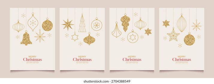 Fundo de modelo de Natal com elementos e ícones minimalistas geométricos dourados. Cartões de saudação na moda definidos com decorações de árvore vintage em design plano simples. Ilustração vetorial.
