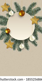Christmas template for banner, ticket, leaflet, card, invitation, poster. New year card with fir tree, decorations balls and stars