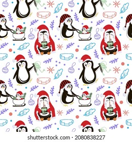 Christmas template with cheerful penguins. Animals performing different actions. Gift, cocoa and walking with a baby. Festive background with hand-drawn elements, cute vector illustration in flat.