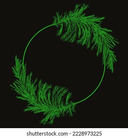 plantilla de navidad con círculo y dos hojas verdes sobre fondo negro