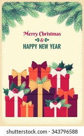 Christmas template with colorful gift boxes, ribbons, bows, fir branches, holly berries and leaves. Retro vector illustration. Place for your text. Invitation, poster, flyer, gift certificate