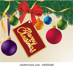 Christmas template with decorated pine and balloons. Vector background.