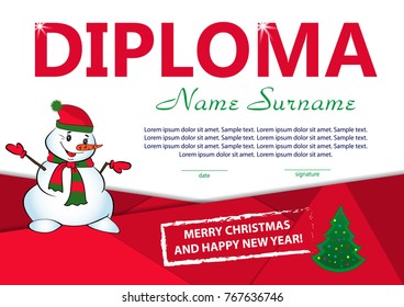 Christmas template diploma or certificate. New year reward with Christmas tree and snowman. Vector illustration.