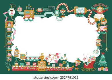 Christmas template Factory Santa Claus, elves read letters, pack gifts, toys for children. Hand-drawn vector cartoon illustration in retro style. Holidays Background for invitations, greetings.