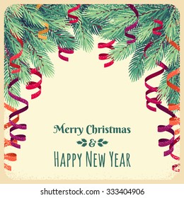 Christmas template with fir branches and colorful paper streamers. Retro vector background. Place for your text. Design for invitation, card, poster, flyer