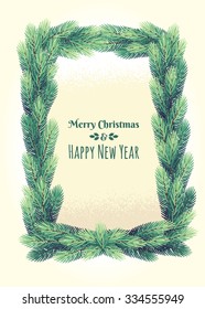 Christmas template with fir branches frame. Retro vector illustration. Place for your text. Design for invitation, card, poster, flyer