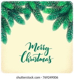 Christmas template with fir branches. Retro vector illustration. Merry Christmas lettering. Place for your text. Design for invitation, card, poster, banner, flyer