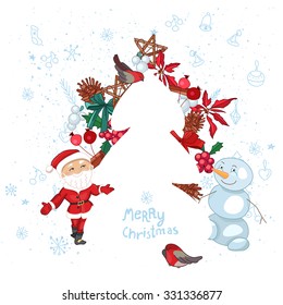 Christmas template with fir tree, Santa, decoration and snowman. Poster for festive design, announcements, postcards, posters.