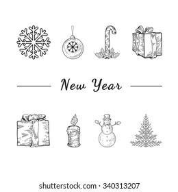 Christmas template flyer. Christmas celebration concept - lots of christmas and new year symbols on isolated background. Place for your text. Presents, snowman, christmas tree, presents, snowflake