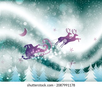 Christmas template with flying Santa on bokeh background