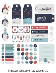 Christmas template and gift tag set with cute scandinavian gnomes. Postage stamps, letter to Santa, greeting card, different shapes and numbers for advent calendar. Vector illustration