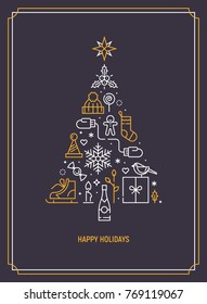 Christmas template for greeting card, banner or party invitation. Christmas tree consisting of xmas elements. Season greetings. Flat line art. Vector illustration. 