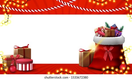 Christmas template for greeting card or discount banner. Christmas template with place for you text and Santa Claus bag with presents