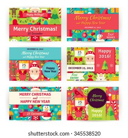 Christmas Template Invitation Set. Flat Design Vector Illustration of Brand Identity for Winter Holiday Promotion. Happy New Year Colorful Pattern for Advertising.