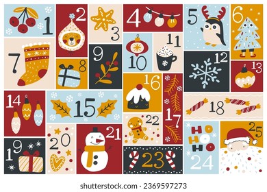 Plantilla de Navidad y etiquetas establecidas para regalos con personajes bonitos y elementos festivos en diferentes formas, en un estilo chill dibujado a mano con letras y números para el calendario de llegada.