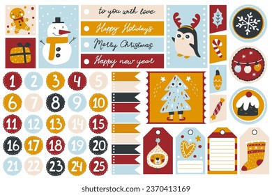 Christmas template and labels set for gifts with cute characters and festive elements in different shapes, in a childish hand-drawn style with lettering and numbers for the advent calendar