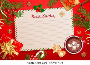 Christmas template for Letter to Santa Claus with traditional decorations-gift box with bow,candy cane,cocoa with marshmallows,spruce branch and gingerbread.Wish List for kids for the holidays.Vector.