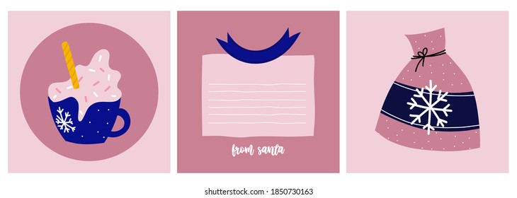 Christmas template letter from Santa. Frame for text with a ruler. Cute vector character illustration in hand-drawn scandinavian style. The limited pastel palette is ideal for any print
