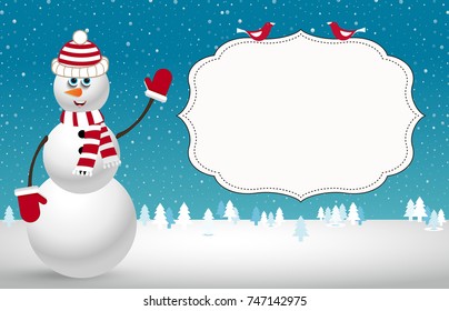 Christmas template. night landscape with snowman, christmas trees on snowy night background and space for text. Vector illustration, template.