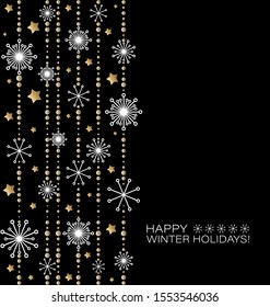 Christmas template. Pattern with snowflakes, gold glittering stars, beads. Christmas and New year decoration. Winter festive background. Decoration postcard, poster.Vector illustration on a black