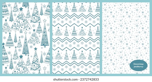 Christmas template. Seamless background. New Year textures with Christmas trees and snowflakes. Vector illustration