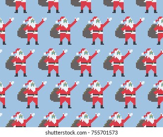 Christmas template seamless Santa Claus. Santa Claus in pixel style on a blue background