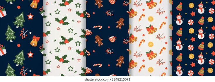 Christmas template set. Collection of repeating design element for printing on fabric, seamless patterns. Snowman, caramel and leaves. Trees, gifts and sweets. Cartoon flat vector illustrations