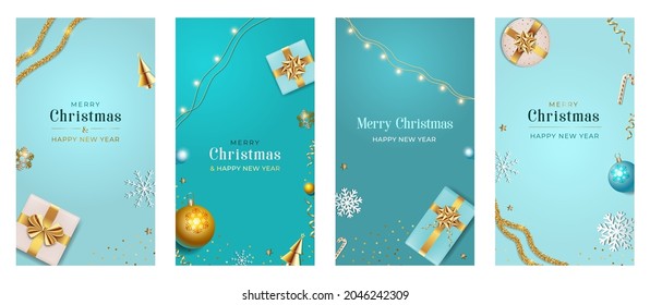 Christmas Template for social media stories. Story Xmas background with realistic gift boxes, blue and gold color balls. Vertical New Year banner, poster, greeting card, Advertising flyer, brochure.