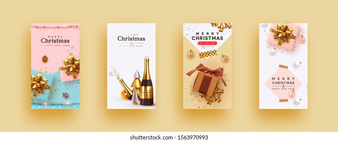 Christmas Template for social networks, story. Xmas background with realistic pink gift boxes, white and rose color balls. Vertical New Year banner, poster, greeting card, Advertising flyer brochure