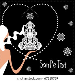 Christmas template with swirly tree and snow white beautiful woman