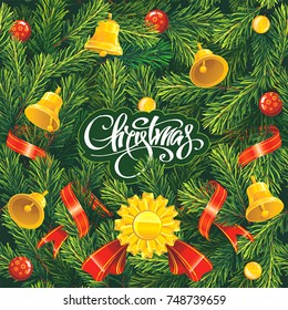 Christmas template with tree twigs. Party invitation card with fir and pine garland. Vector winter background. Retro holiday design