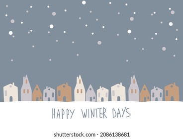 Christmas template village. Hand drawn Merry Christmas house. Vector print for Christmas cards.