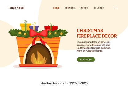 Christmas template website for store. Fireplace with burning fire and Christmas decor on it. Home fireplace for house interior. Vector landing page for a background, banner, website, store