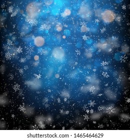 Christmas template with white blurred and clear snowflakes on dark blue background. EPS 10
