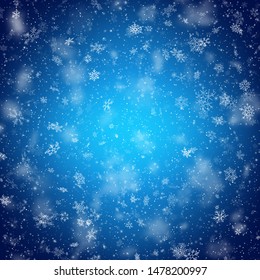 Christmas template with white blurred and clear snowflakes on blue background. EPS 10