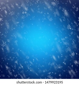 Christmas template with white blurred and clear snowflakes on blue background. EPS 10