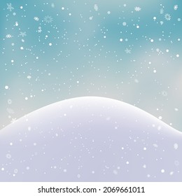 Christmas template winter hill and snowfall. Holiday cartoon background snow falling on hills. Seasonal decoration template